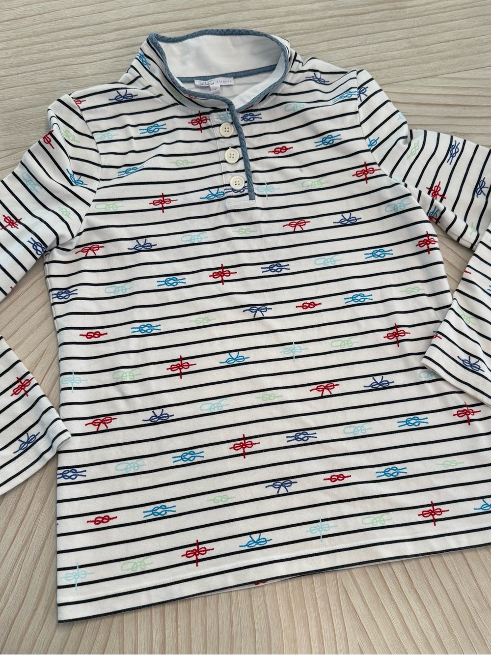 Talbots White Striped Henley Tunic with Red, Blue, Green and Navy Knot Motifs